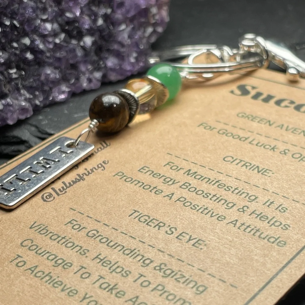 Success Crystal Guide Card And Green Aventurine Citrine And Tigers Eye Keychain